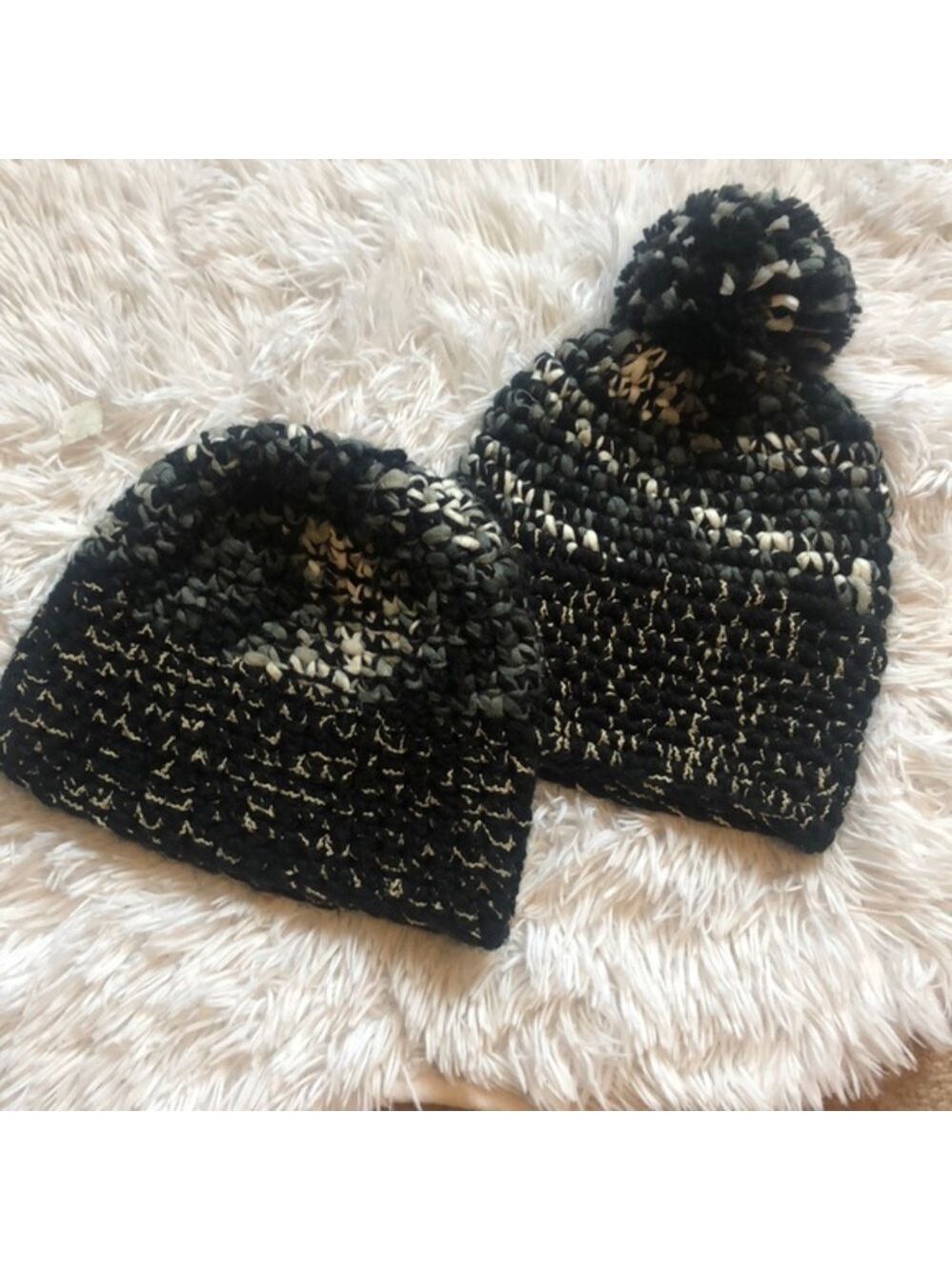 SET of TWO knit beanie and Pom Pom hat grey black